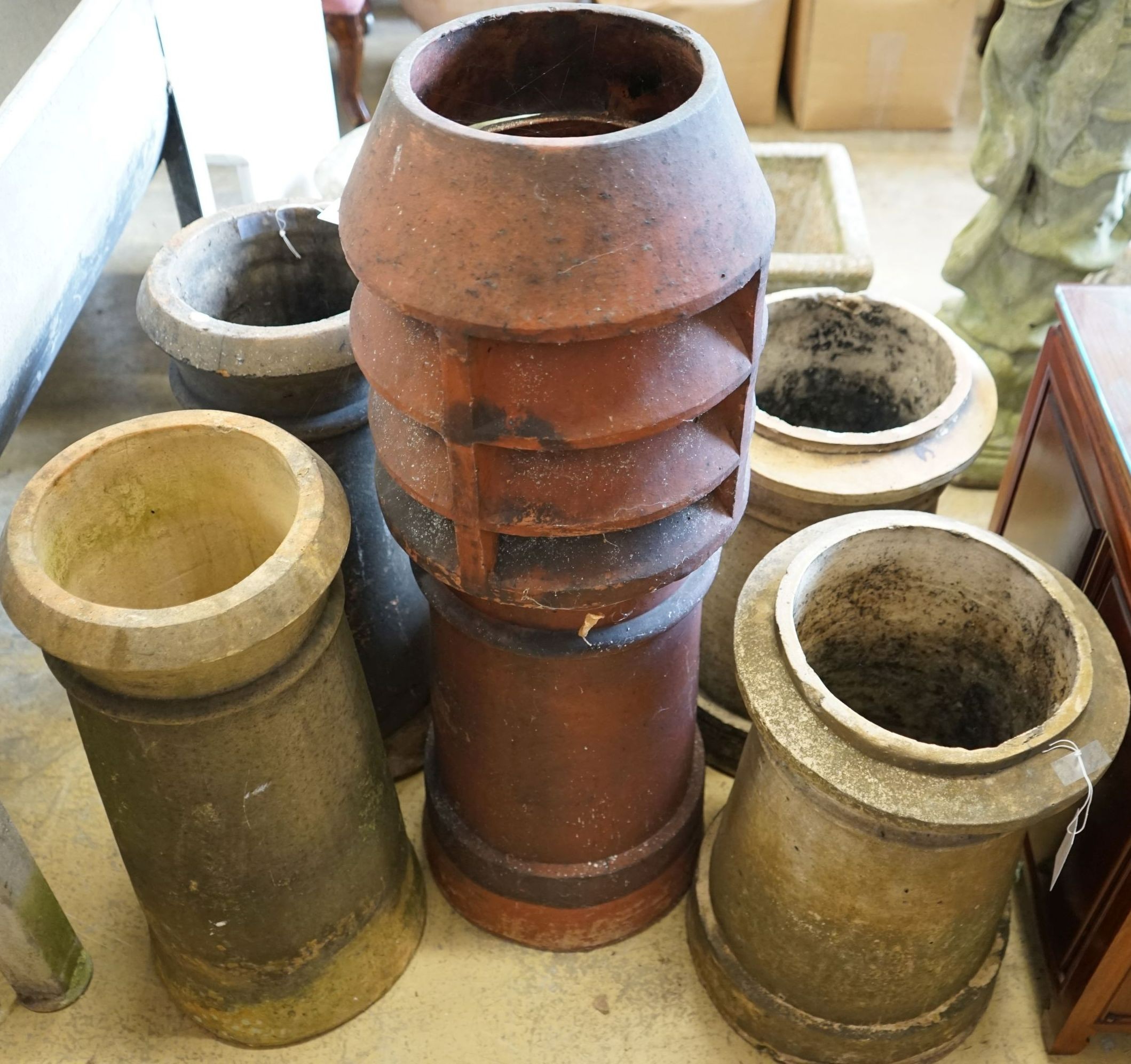 Five earthenware pottery chimney pots, largest height 92cm